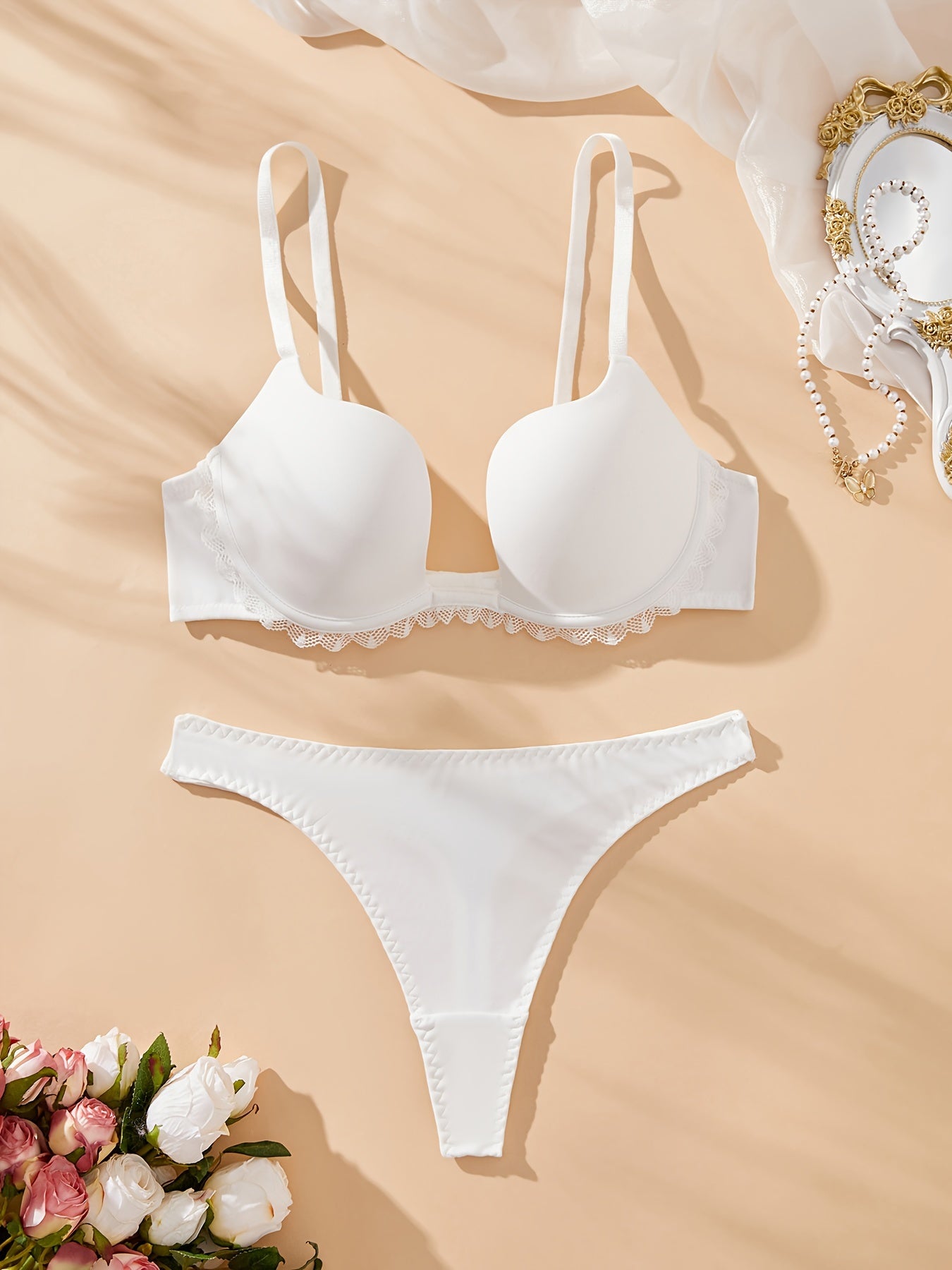 Women's Lace Lingerie Set with Scoop Plunge Bra and Thong Panties