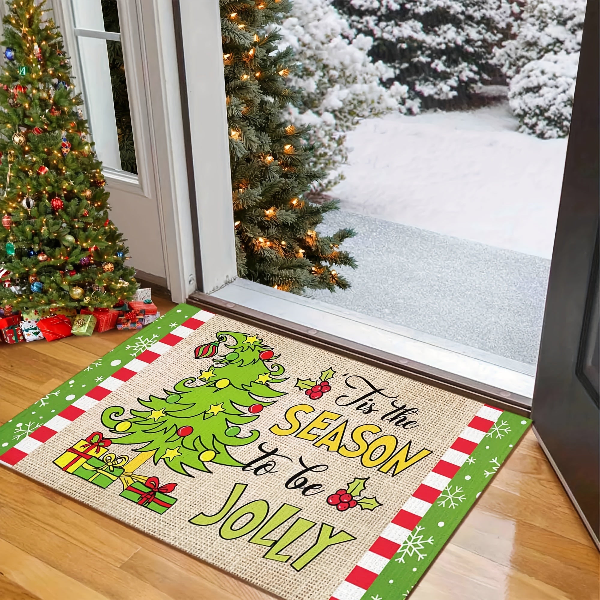 Whoville Christmas Floor Mat Non-Slip Holiday Decor with Christmas Tree Design