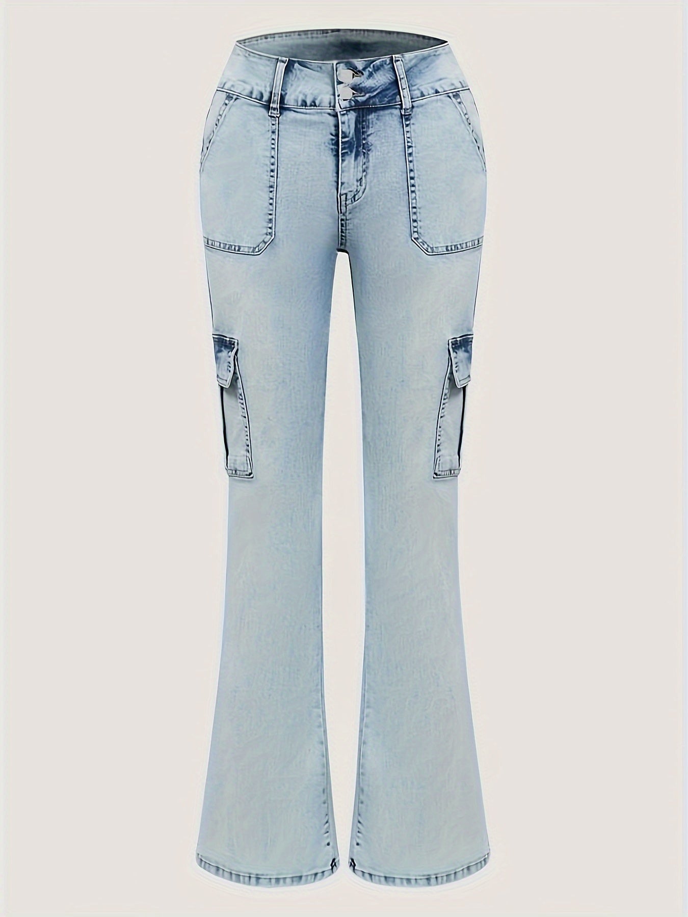 Women's Plus Size Washed Cargo Jeans With Flap Pockets, Stretchy, Mid-Rise