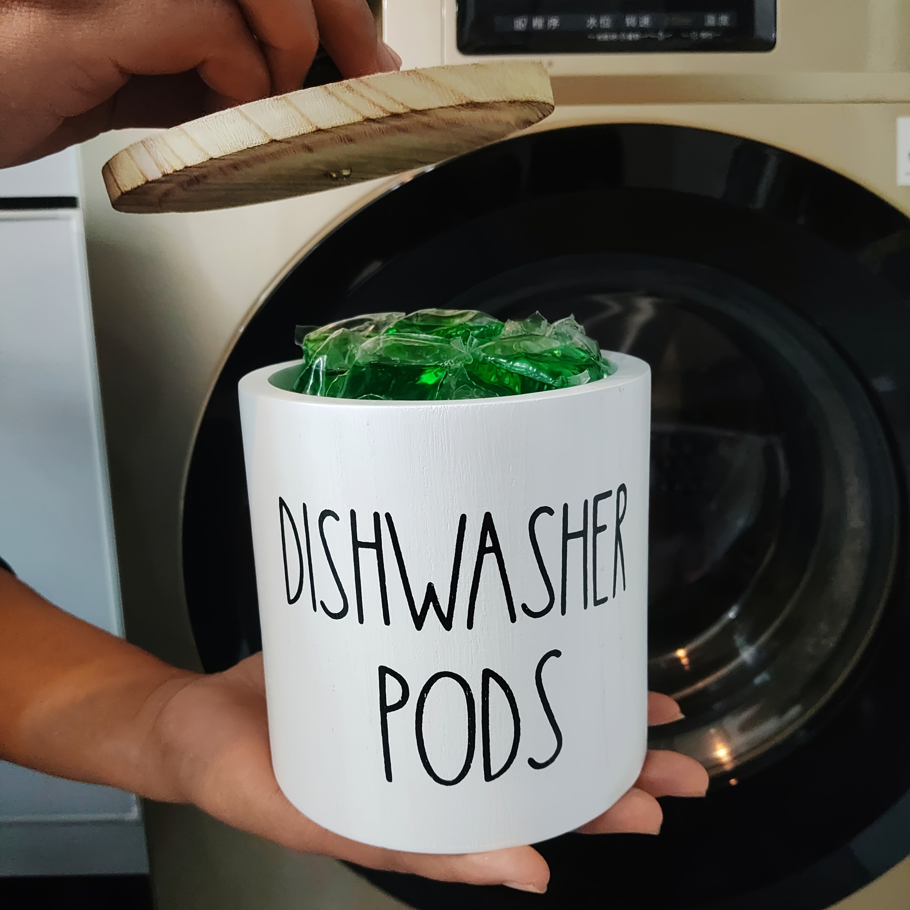 Wooden Laundry Pods Container with Lid for Laundry Room Organization and Fabric Softener Dispenser