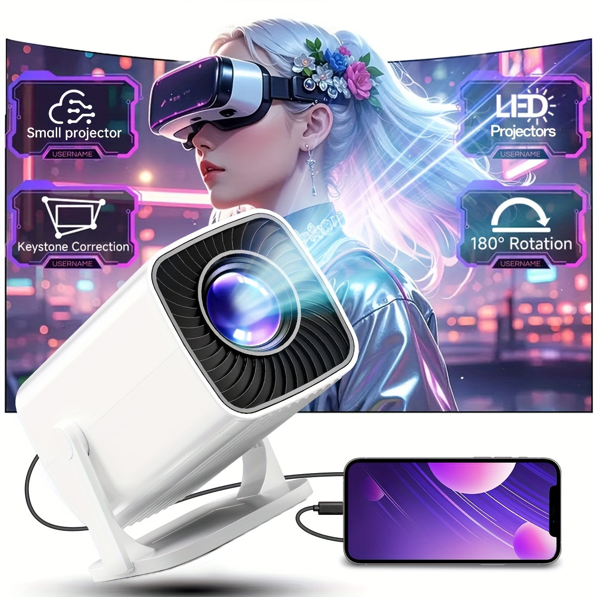 Mini proyector 3D con soporte giratorio, compatible con HDMI USB AV para hogar y oficina