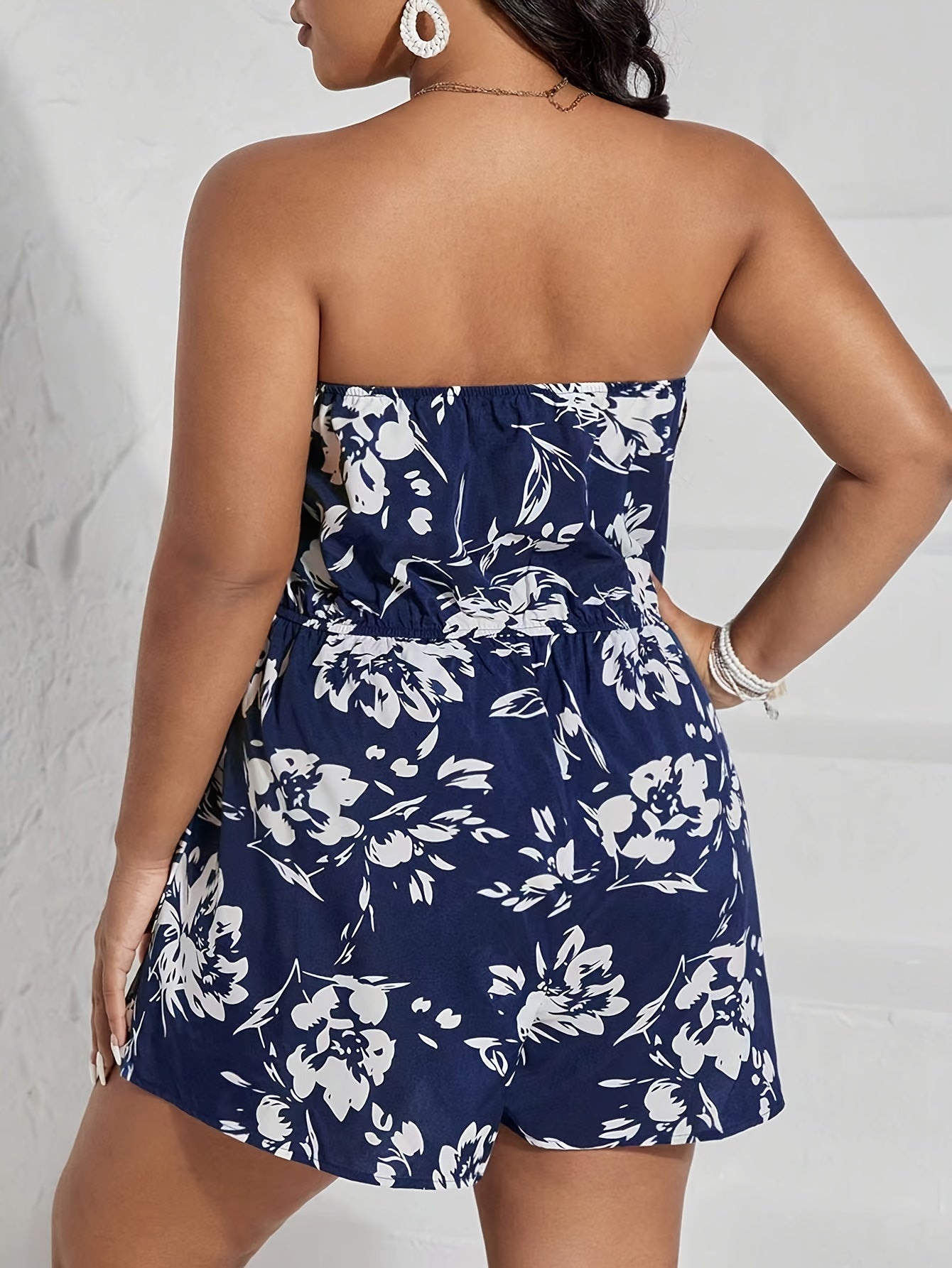 Women's Floral Print Strapless Romper Polyester Ruffled Backless Jumpsuit