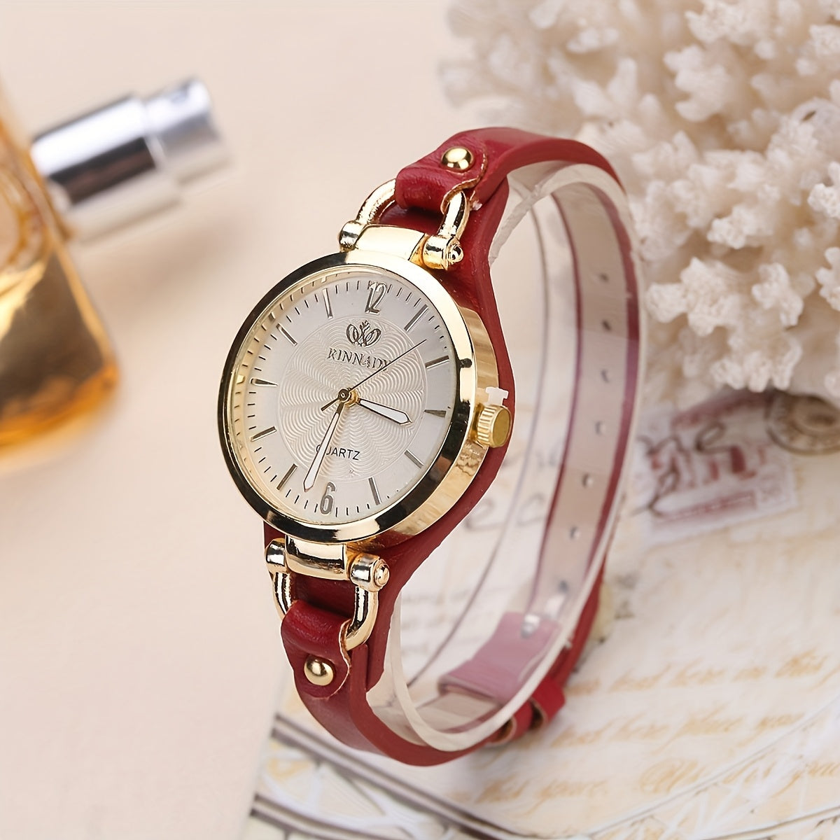 Women's Quartz Watch with Black Faux Leather Strap and Gold Accents Elegant Analog Wristwatch