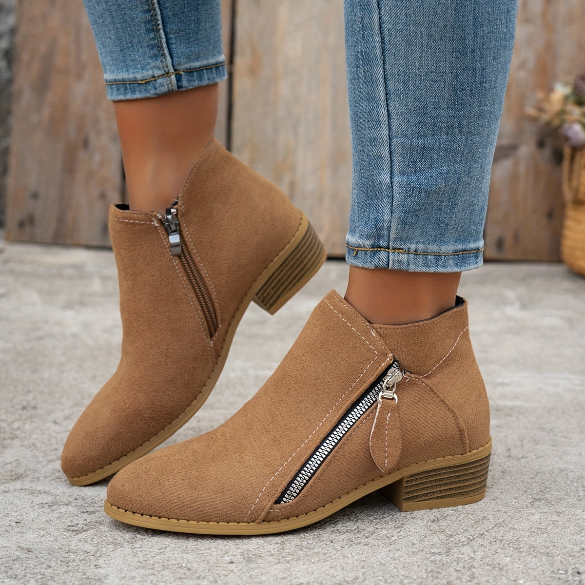 Women's Ankle Boots Solid Color Pointed Toe Mid-Heel Casual Slip-Ons