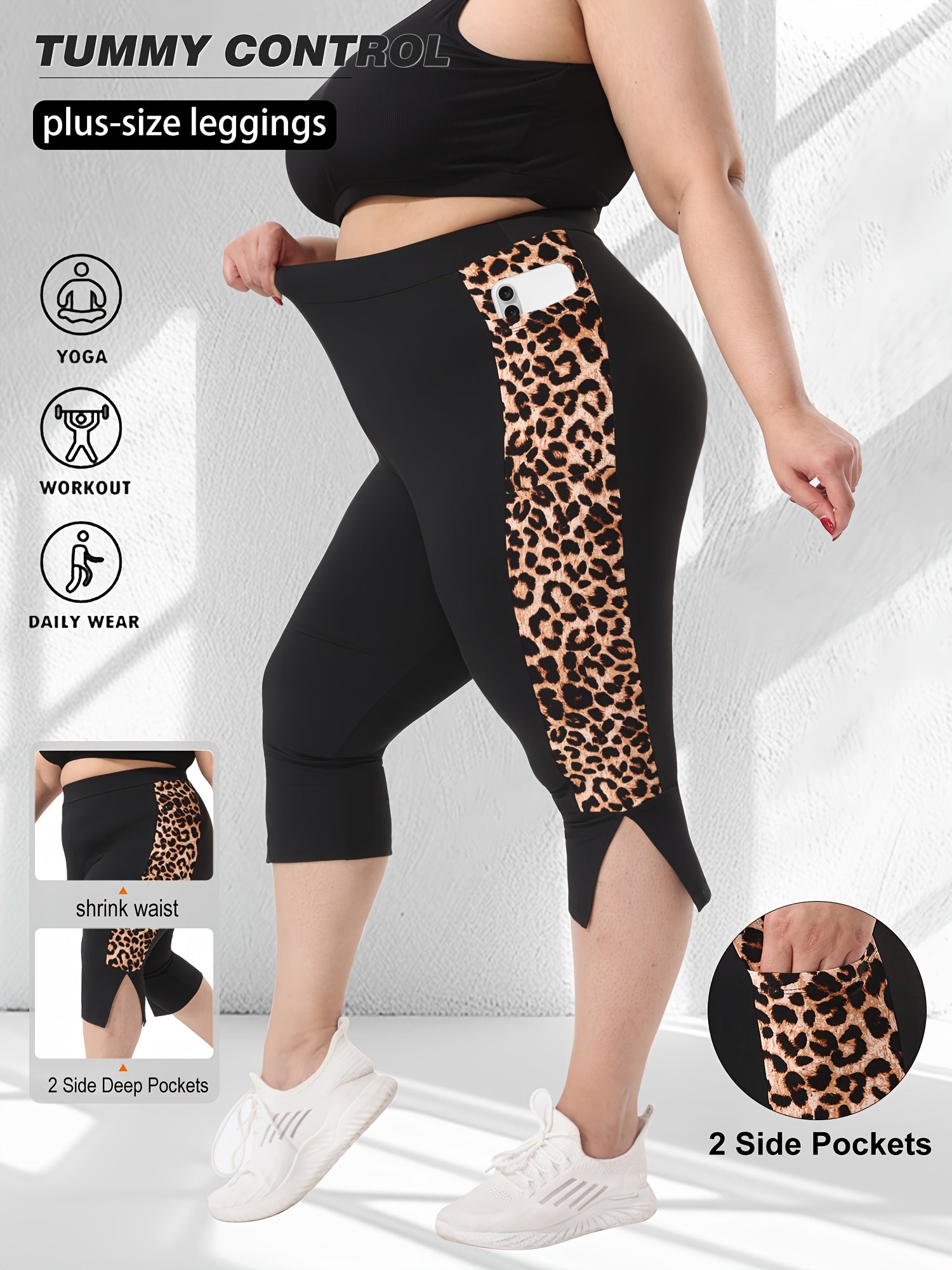 Plus Size High-Waisted 7/8 Leggings with Leopard Print Cuffed Ankle Slits