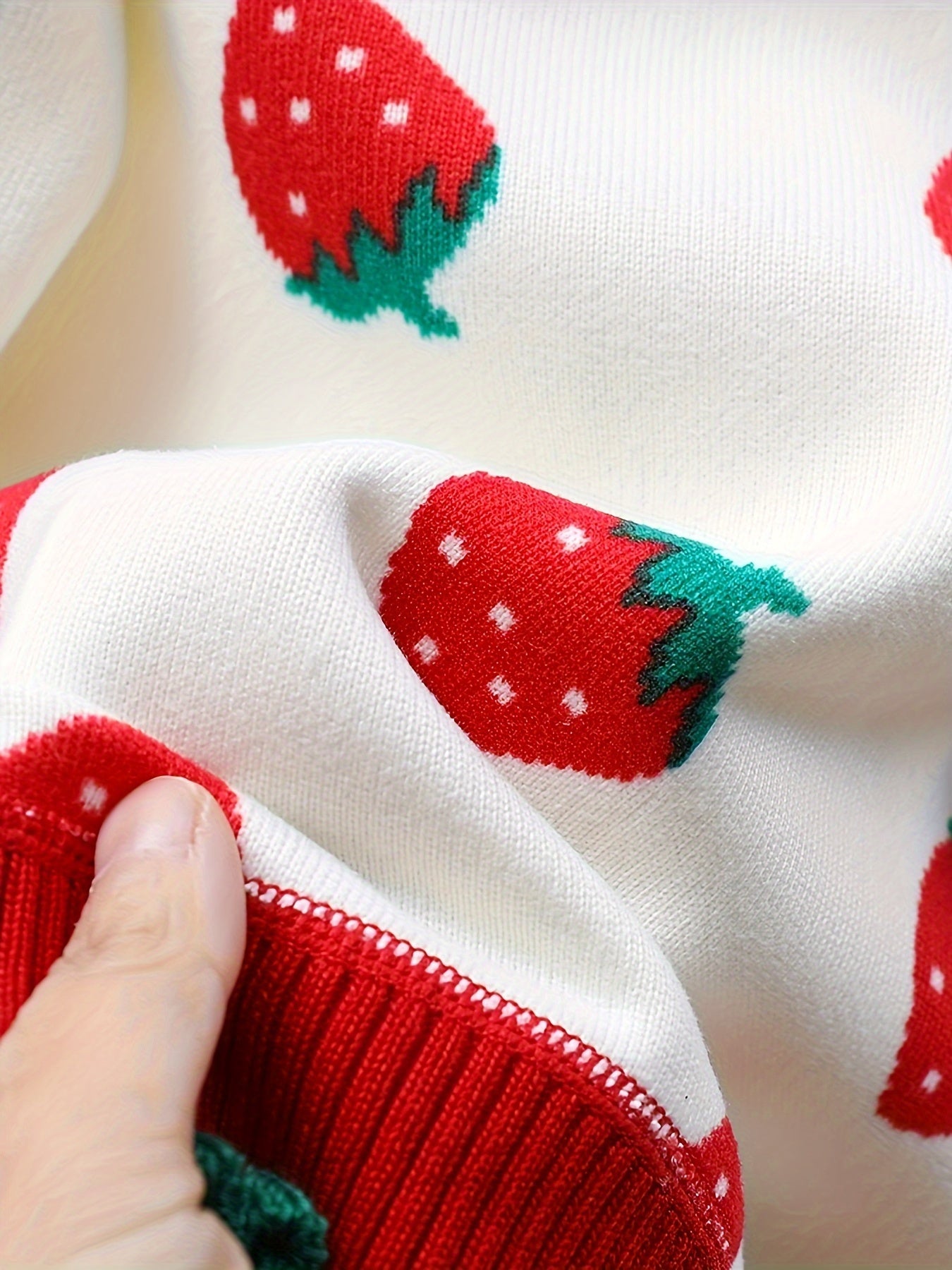 Kids Girls Knitted Cardigan with Strawberry Print Polyester Crew Neck Fall Winter