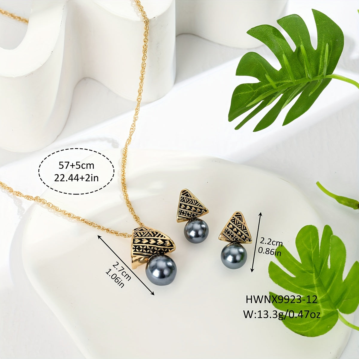 Black Pearl Triangle Pendant Necklace and Earrings Set for Women Jewelry Gift