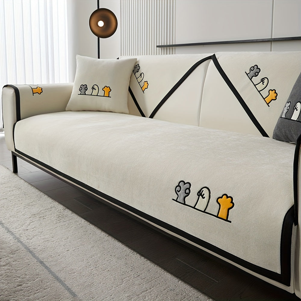 Красный чехол для дивана из шенилла с игривой вышивкой в виде косточек. Удобен для домашних животных, не скользит, можно стирать в машине, идеально подходит для диванов на 1-4 места в гостиной, спальне, офисе.