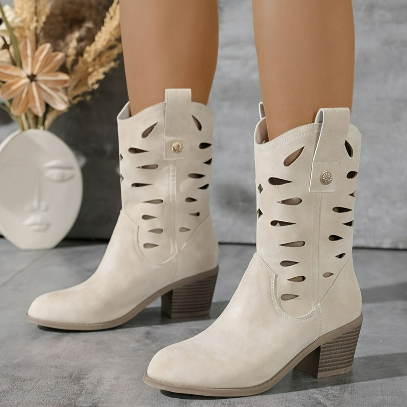 Women's Chunky Mid-Calf Boots Leather Stylish Comfortable Winter Shoes