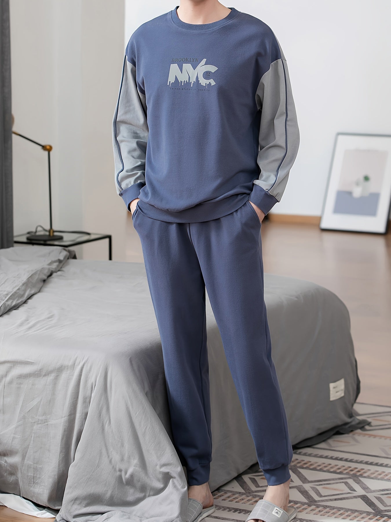 Men's Color Block Pajama Set with Letter Graphic Long Sleeve Crew Neck Top and Loose Pants for Spring and Fall