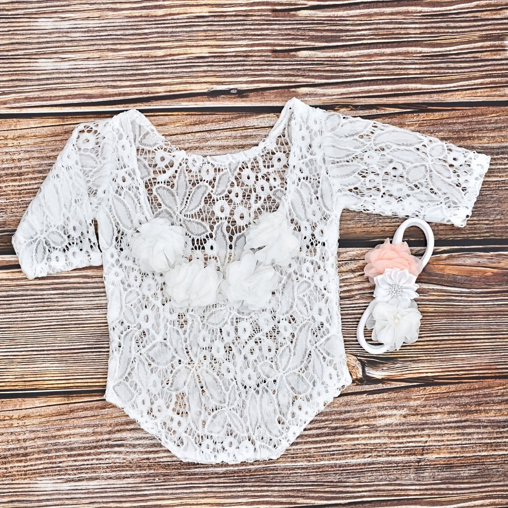 Infant Lace Romper with Headband and Hair Accessories Chiffon Embroidered Pearls
