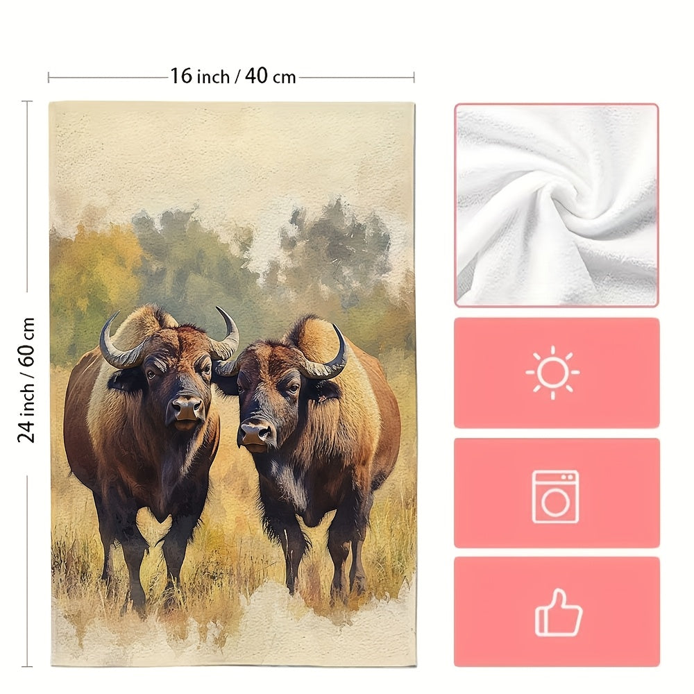 2 ta Ultra Soft oshxona sochiqlari to'plami, akvarel Savannah Bison sahnasi, 16x24 dyuym