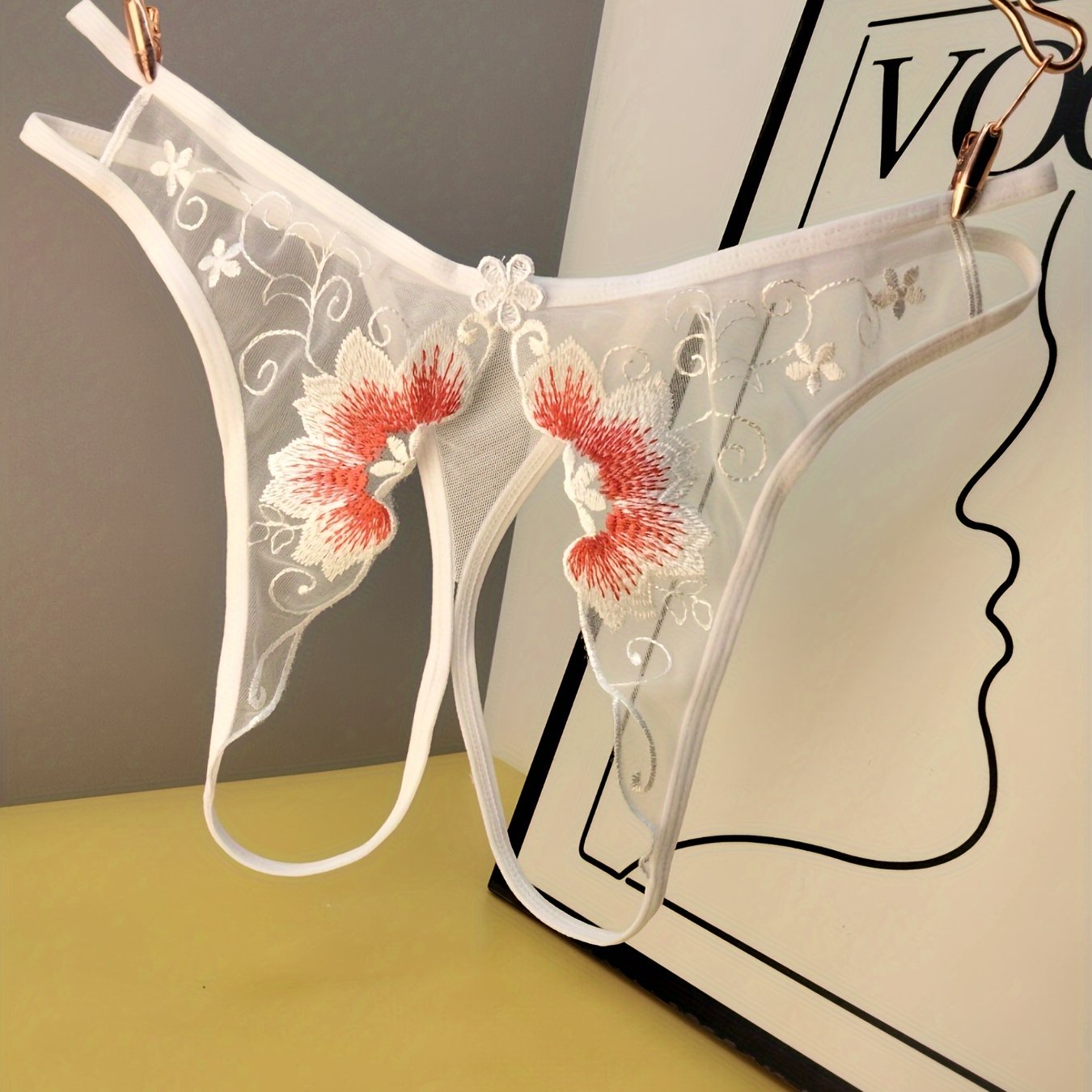 Women's Floral Lace Mesh Thong with Open Crotch and Sheer Design Lingerie