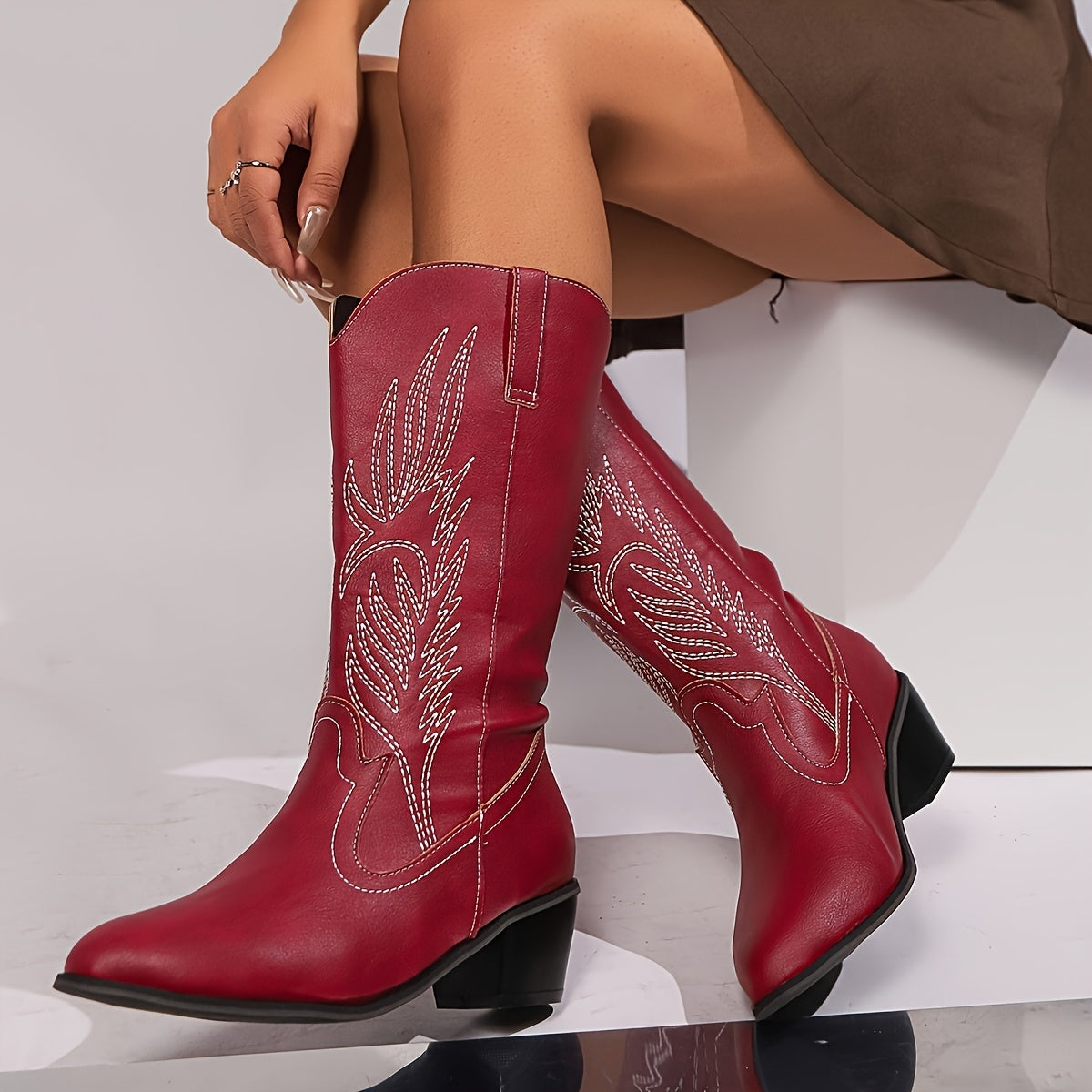 Women’s Solid Color Western Boots with Chunky Heel and Pointed Toe