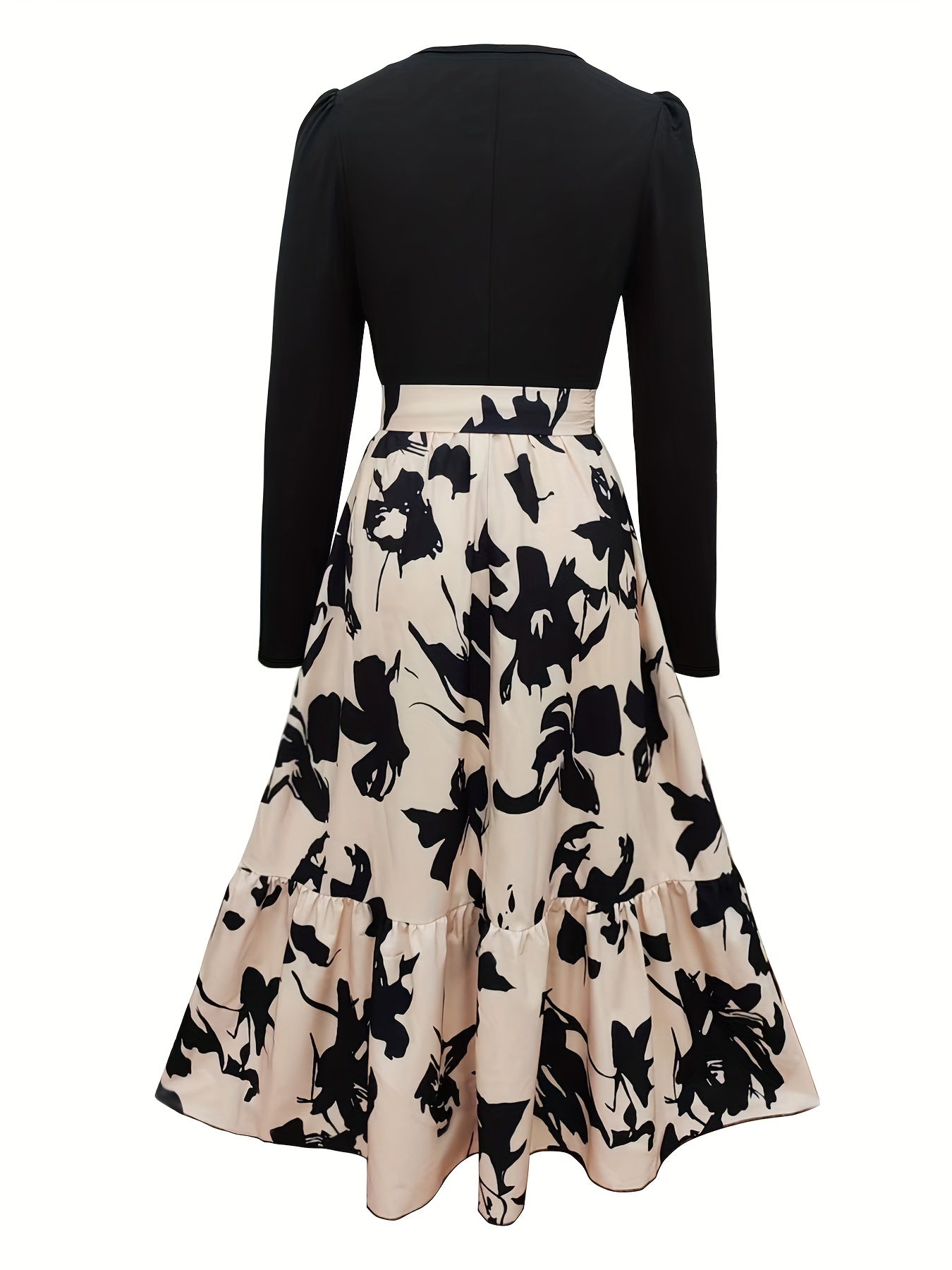 Women's Floral Print Tie Waist Midi Dress with Long Sleeves and Patchwork Design