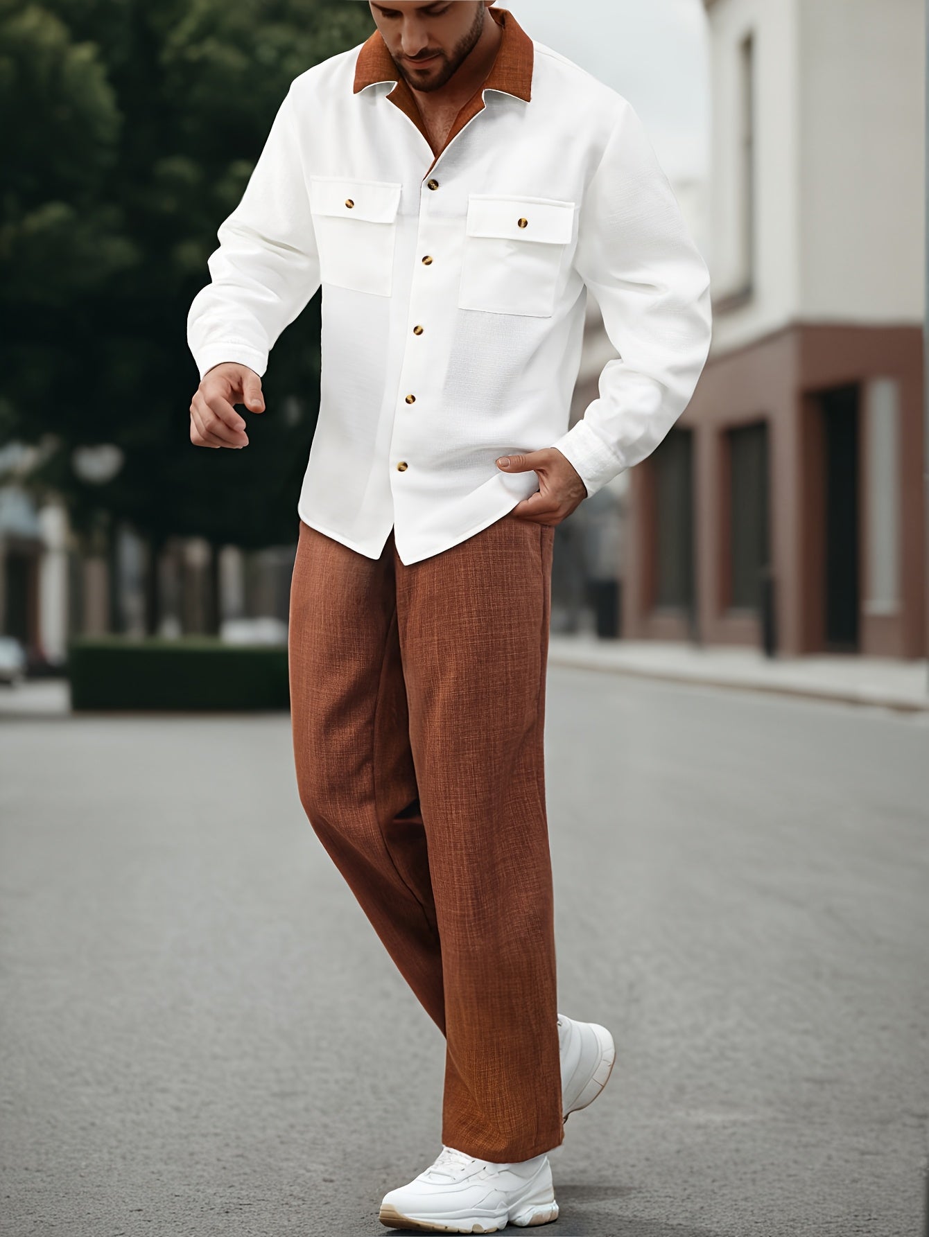 Long Sleeve Color Blocked Two-Piece Set with Suit Collar and Straight-Leg Trousers for Autumn Winter