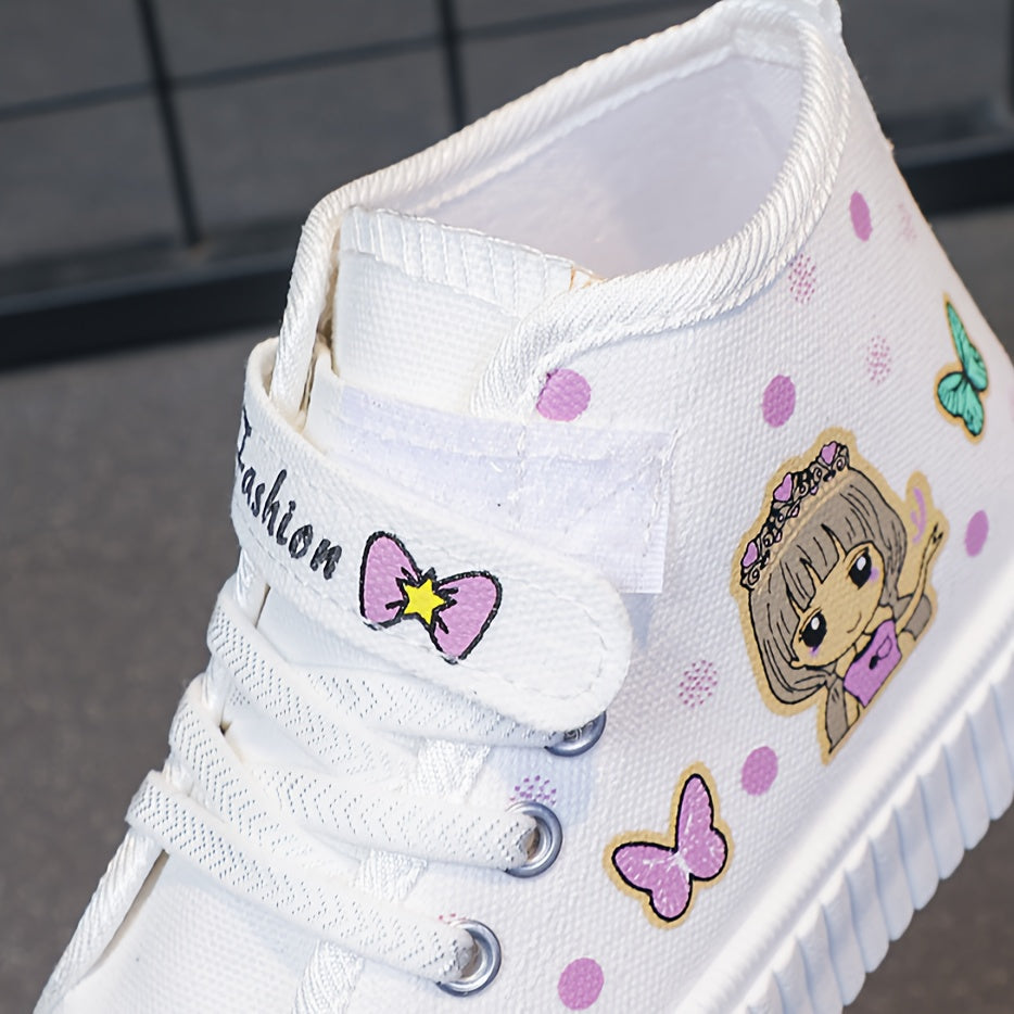 Girls' Canvas High-Top Sneakers with Cartoon Pattern, Breathable, Durable Sole