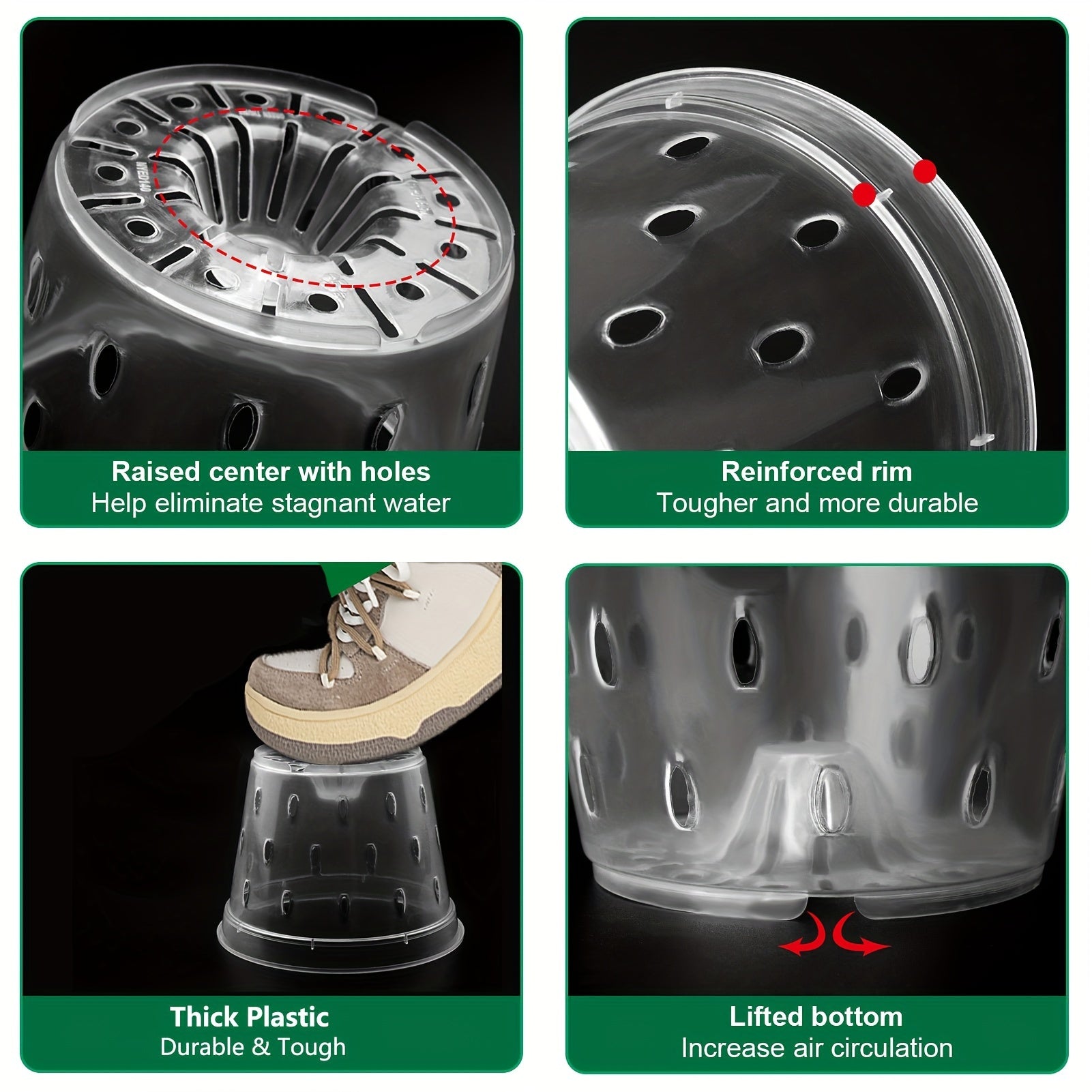 10 dona 13.97 sm o'lchamdagi teshiklari bo'lgan shaffof plastik orkide idishlari, sog'lom havo aylanishi va drenaj uchun. Qayta ekish, ichki va tashqi uy bezatish uchun ideal.