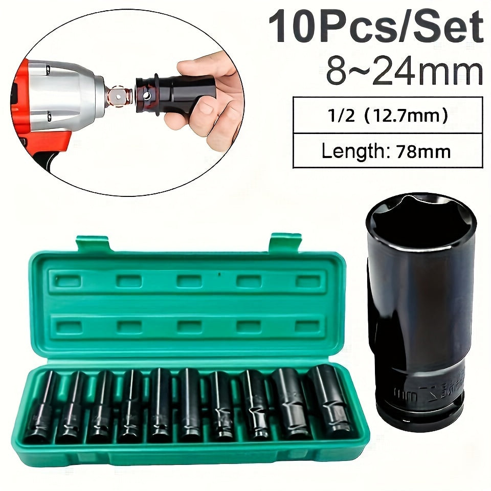 10-Piece Deep Impact Socket Set High-Strength Steel 1/2 Inch Drive for Tire Removal