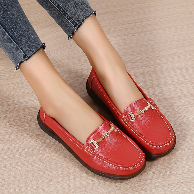 Women's Pu Cover Loafers with Metal Buckle Non-Slip Casual Shoes