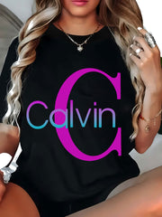 Plus Size Women's Oversized Cotton T-Shirt with Graphic Print Black Pink Blue