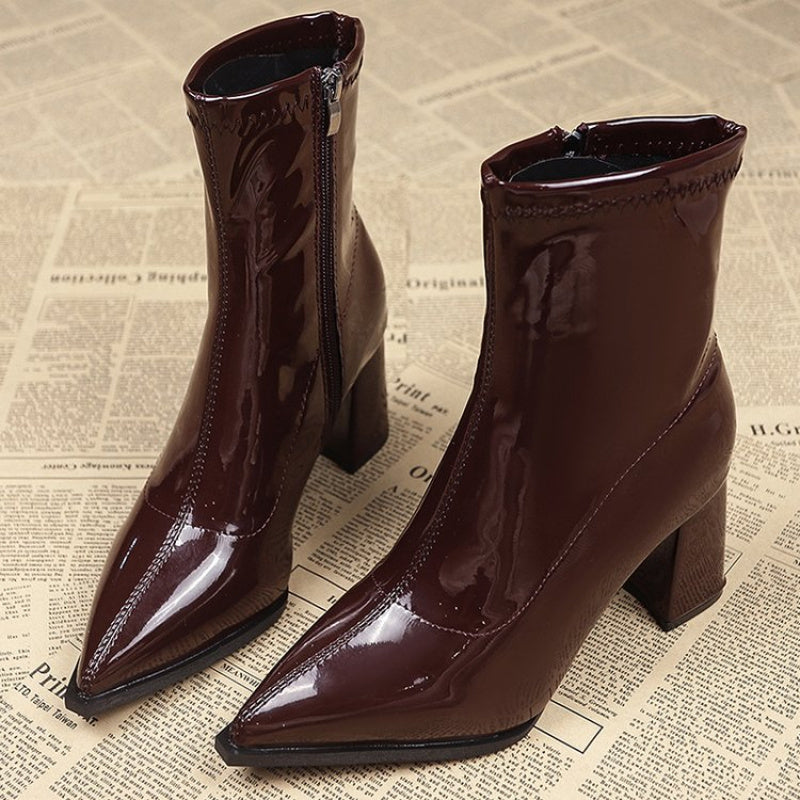 Women's Black Ankle Boots with Chunky Heel Zipper Closure Pointed Toe