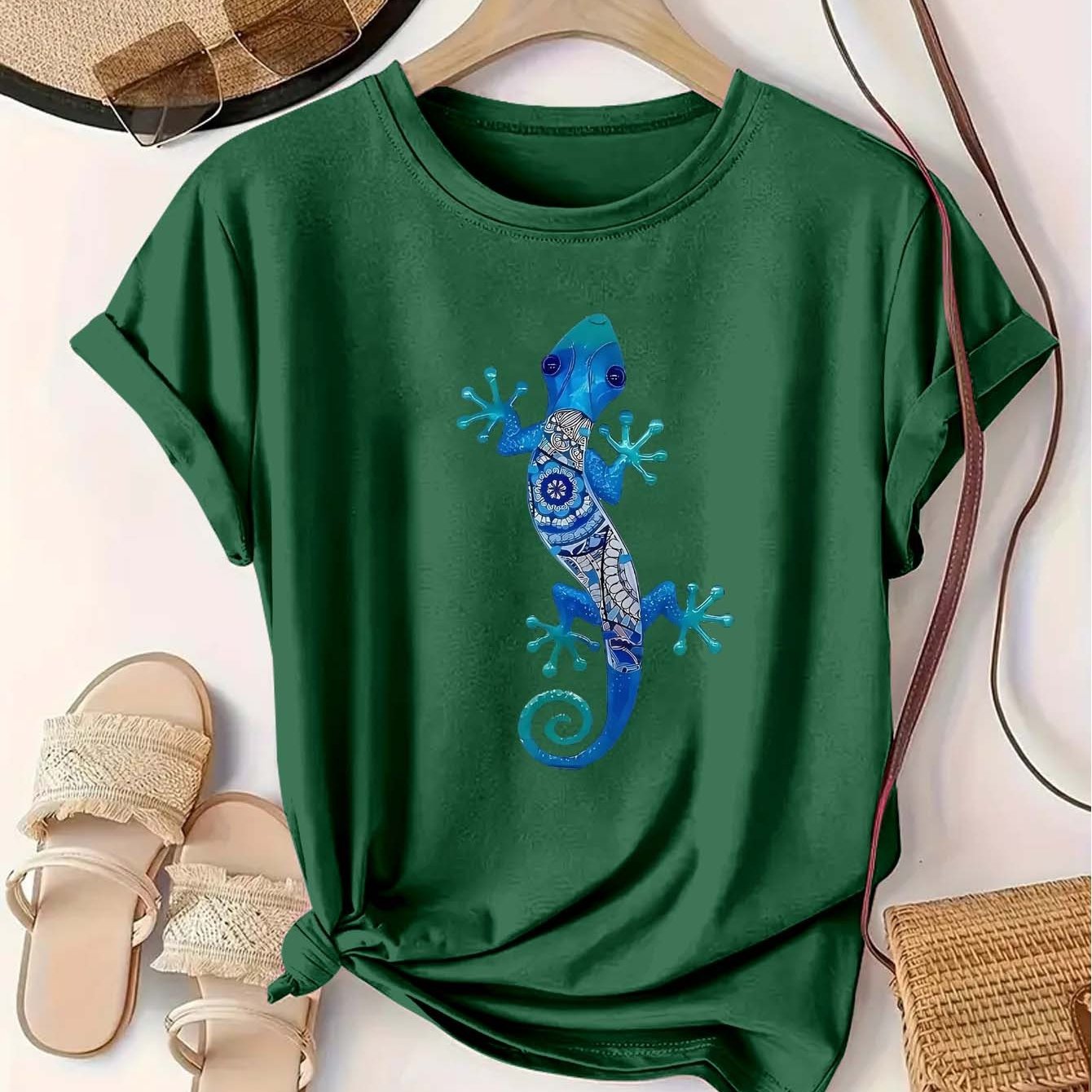 Camiseta de algodón casual para mujer talla grande, negra y azul con estampado de lagarto, comodidad para todas las estaciones