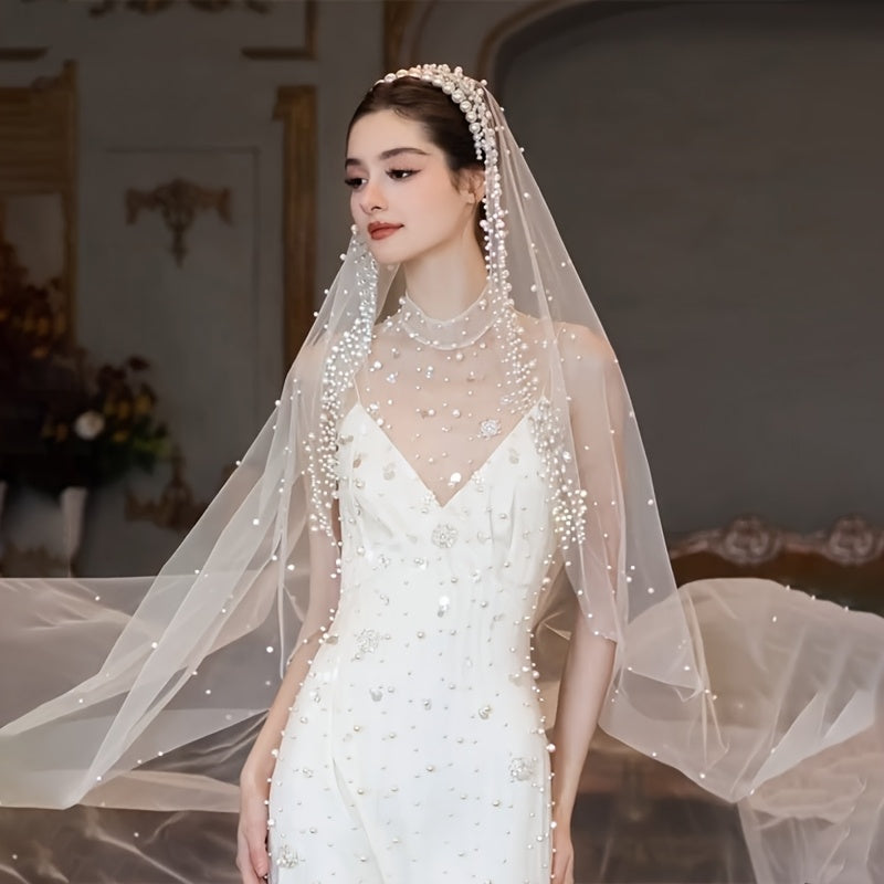 Bridal Veil Long Train Beaded Detail Polyester Wedding Accessory