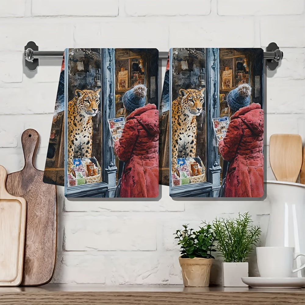 2 ta Ultra Soft oshxona sochiqlari to'plami, xayoliy leopard, inson bilan uchrashuv, 40x60 sm