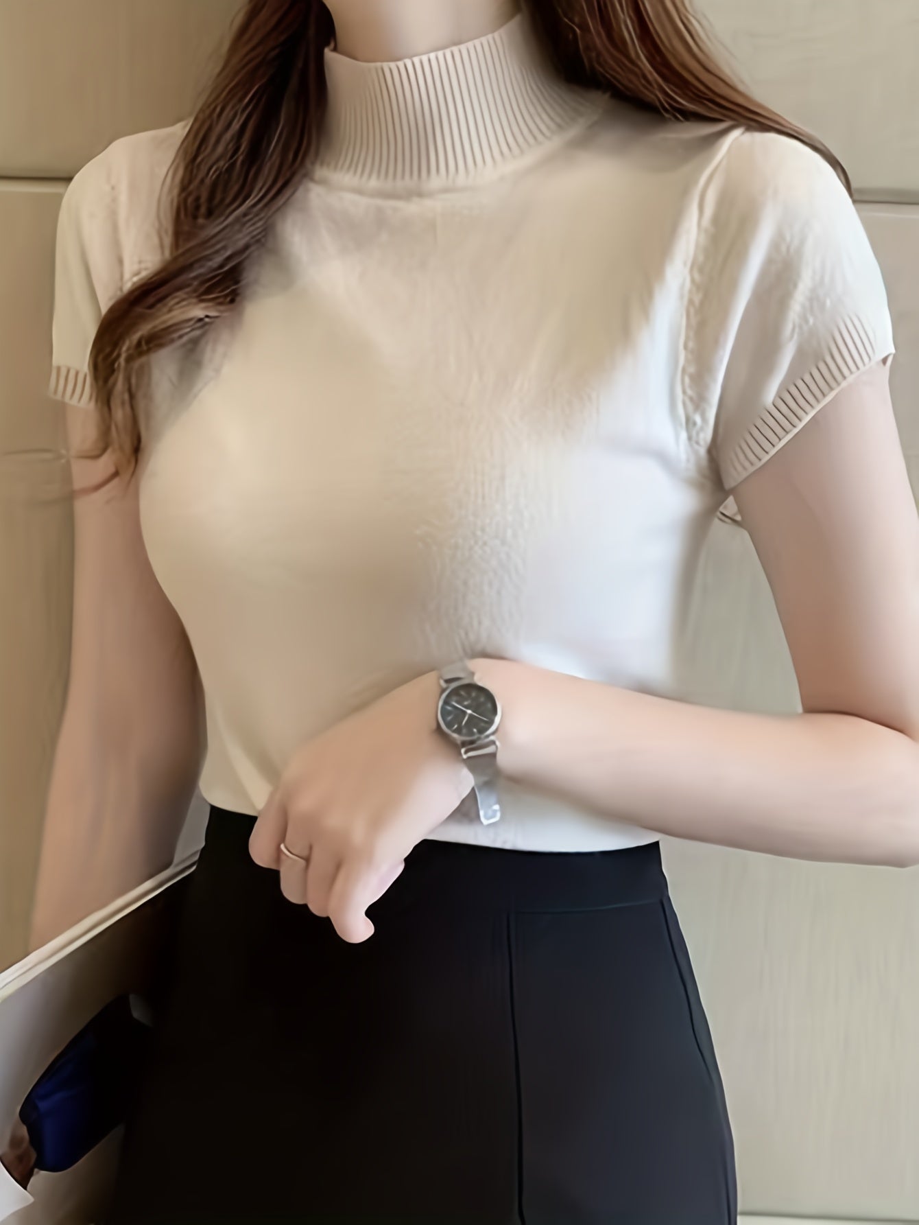 Women's Solid Knit Mock Neck Sweater Short Sleeve Casual Slim Fit All Season