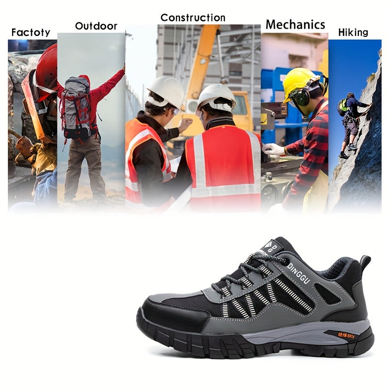 Zapatos de trabajo de seguridad para hombre con punta de acero, resistentes a perforaciones, antideslizantes, transpirables, de microfibra gris y naranja