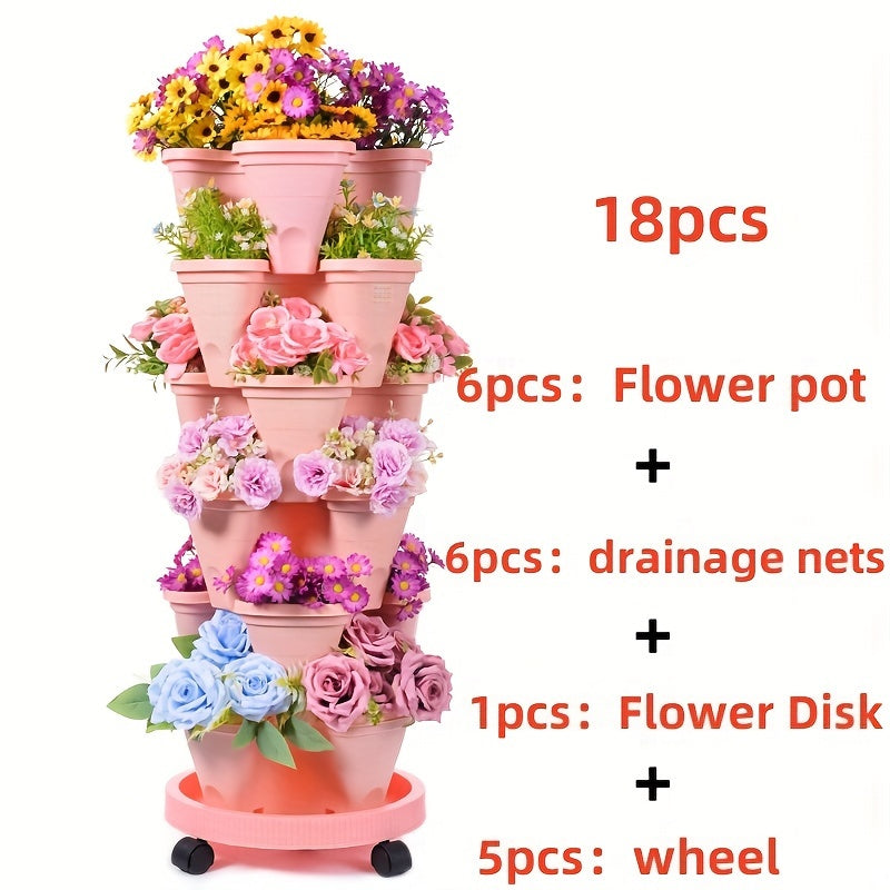 Stackable Plastic Flower Pot Set with Wheels for Indoor Outdoor Gardening for Herbs Vegetables and Flowers