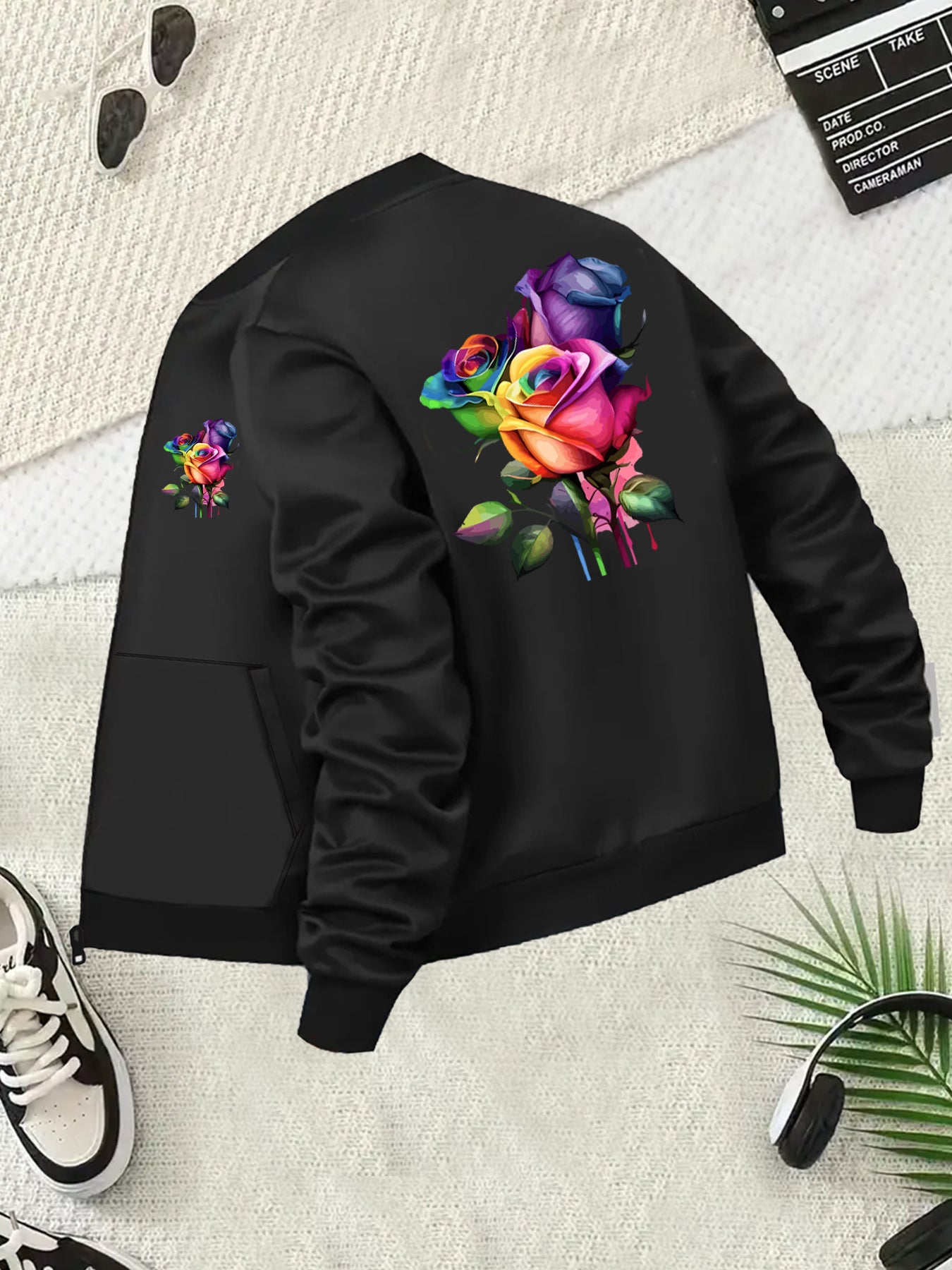Plus Size Women's Floral Print Casual Jacket with Zipper Long Sleeve