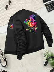 Plus Size Women's Floral Print Casual Jacket with Zipper Long Sleeve