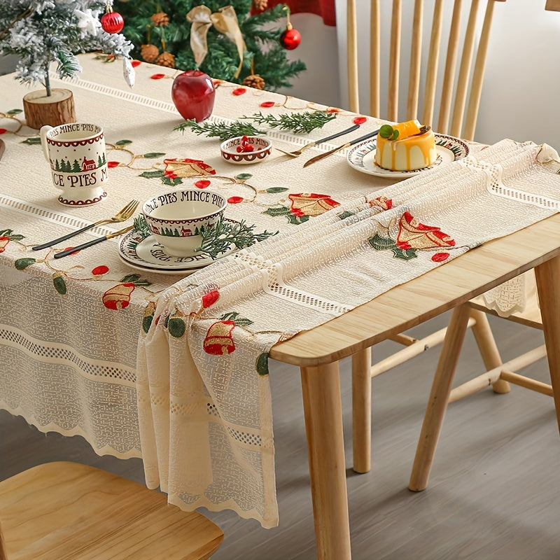 Red Bell Floral Tablecloth for Christmas Dining Polyester Square Woven