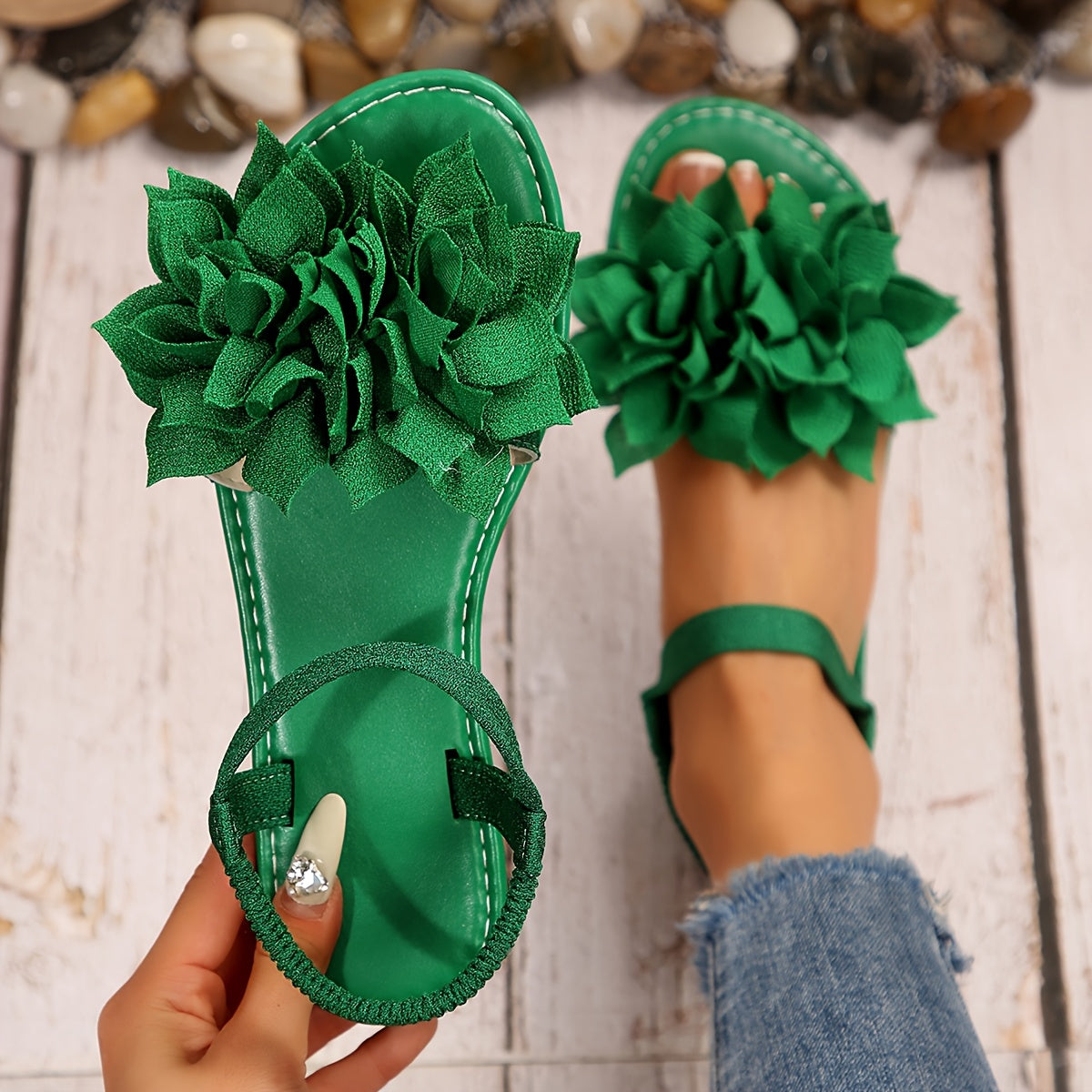 Women's Plus Size Flat Sandals with Elastic Lotus Flower Open Toe