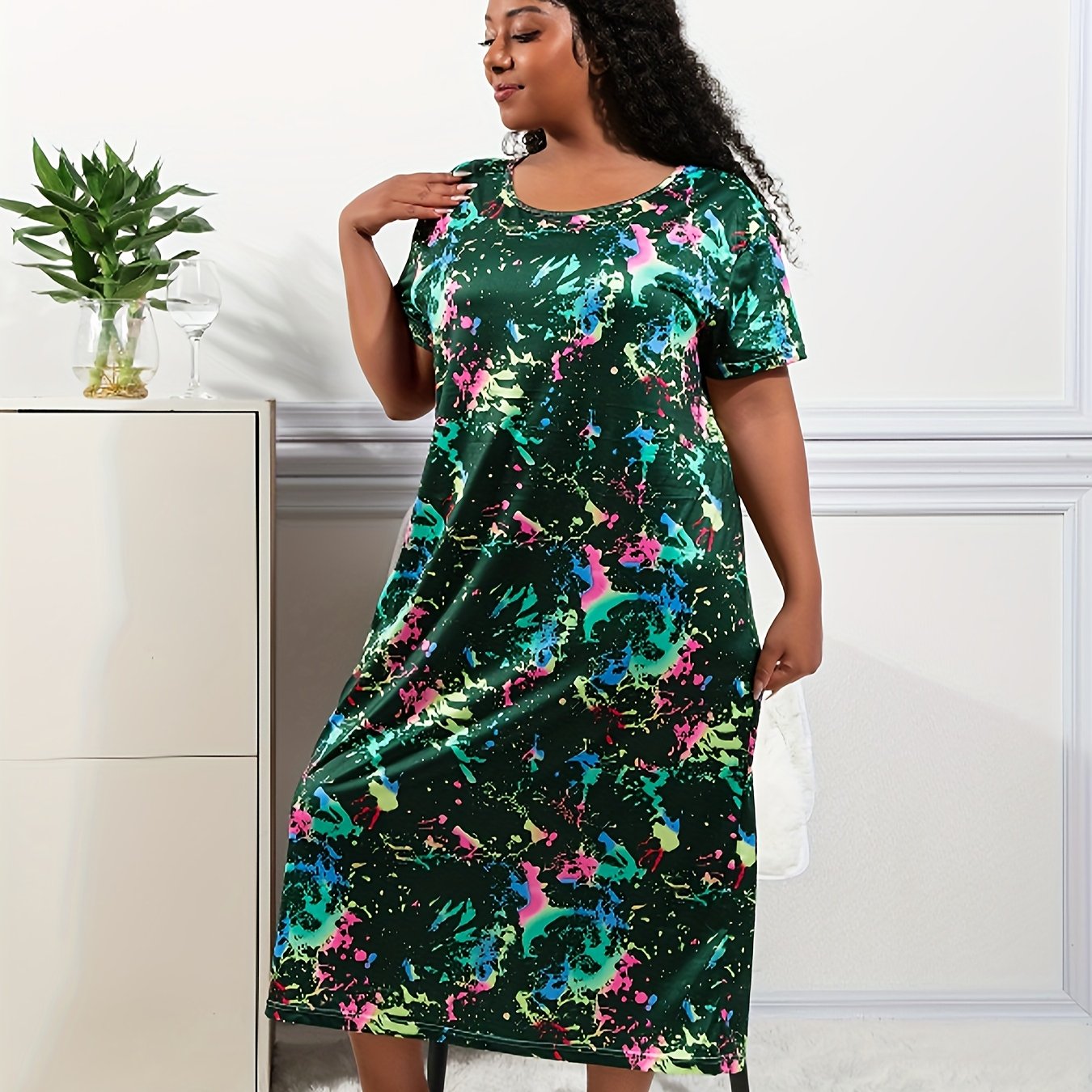 Women's Casual Sleep Dress Plus Size Tie Dye Short Sleeve Nightgown