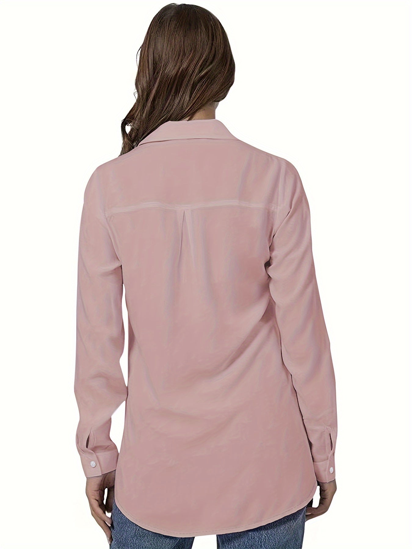 Plus Size Women's Solid Polyester Button Front Shirt with Roll-Up Sleeves for Spring and Fall