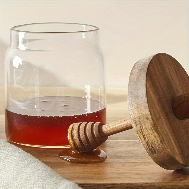 Glass Honey Jar with Wooden Stirring Stick, Transparent Storage, 16oz