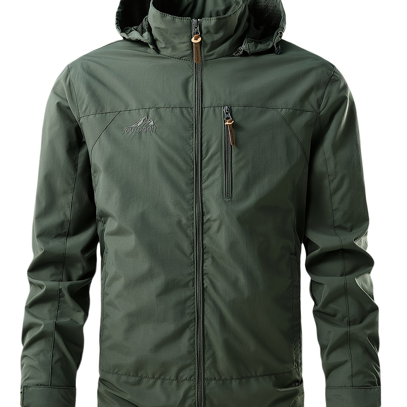 Erkaklar uchun suv o'tkazmaydigan, shamol o'tkazmaydigan, tikuvli dizaynga ega, bir nechta cho'ntaklari, krujka yelkalari, oddiy yenglari, fermuarli plakat bilan 100% polyester nylon materialidan tayyorlangan.