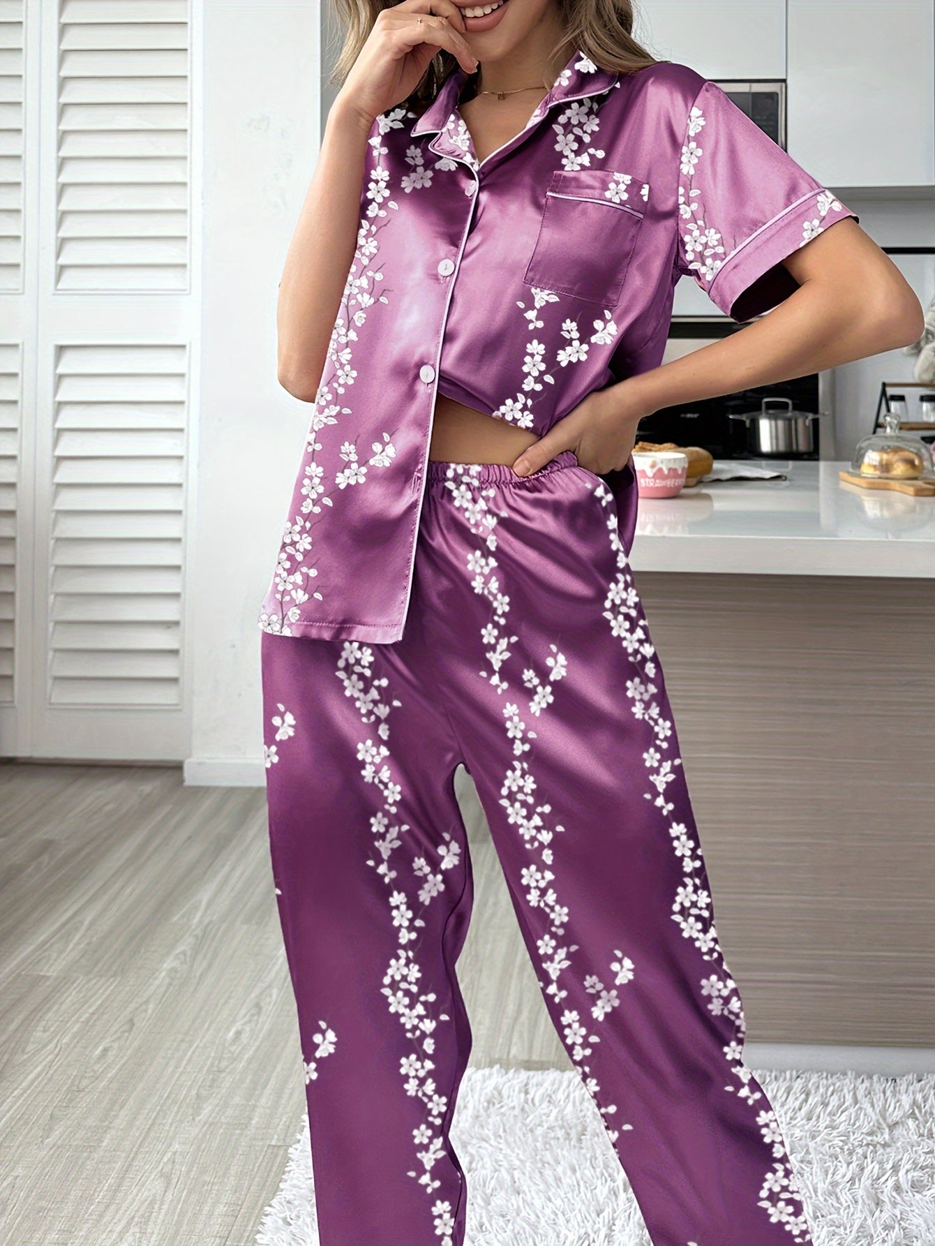 Velvet Short Sleeve Top and Printed Trousers Loungewear Set for Adults