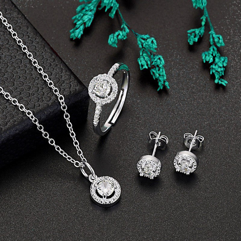 Women's Silver Plated Copper Jewelry Set with Synthetic Zirconia Y2K Style Necklace Ring Earrings for Daily and Festive Wear