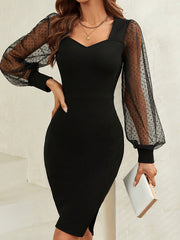 Women's Knee-Length Bodycon Dress with Long Sleeves and Net Details