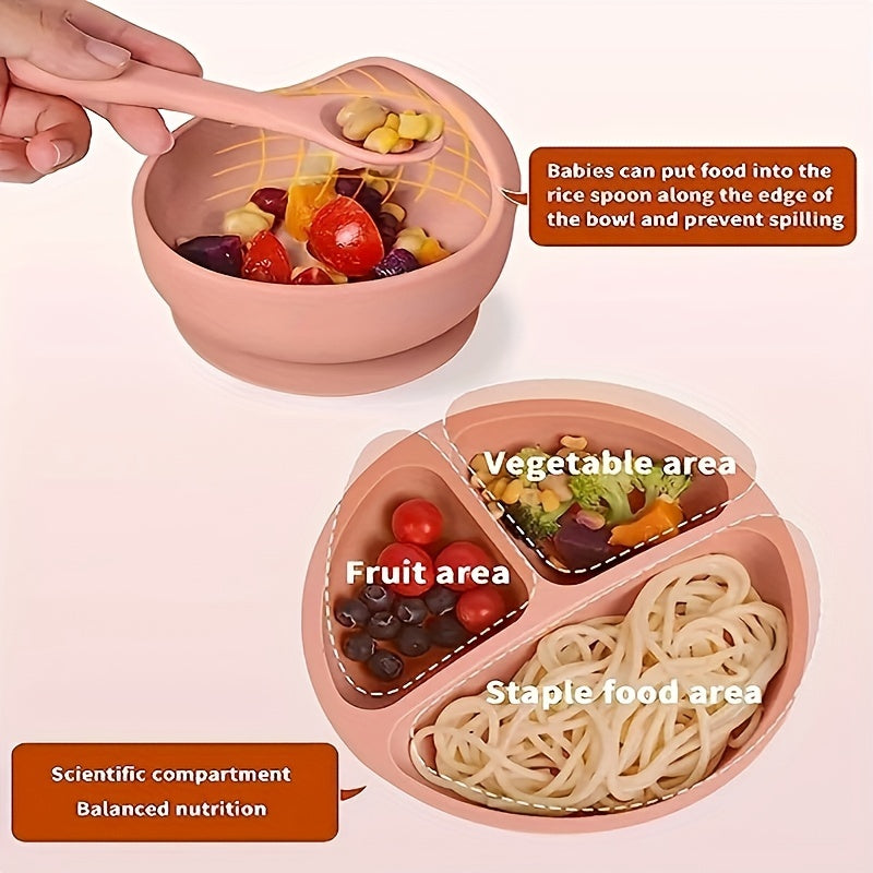 Voshilarga mo'ljallangan silikon bolalar stol to'plami, vilk, qoshiq, yog'och tutqichlar, suv o'tkazmaydigan bib, bo'lingan plastinka va chashka