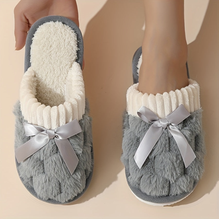 Winter Plush Cozy Non-Slip Fabric Slippers with Flat Bowknot for Home Warmth