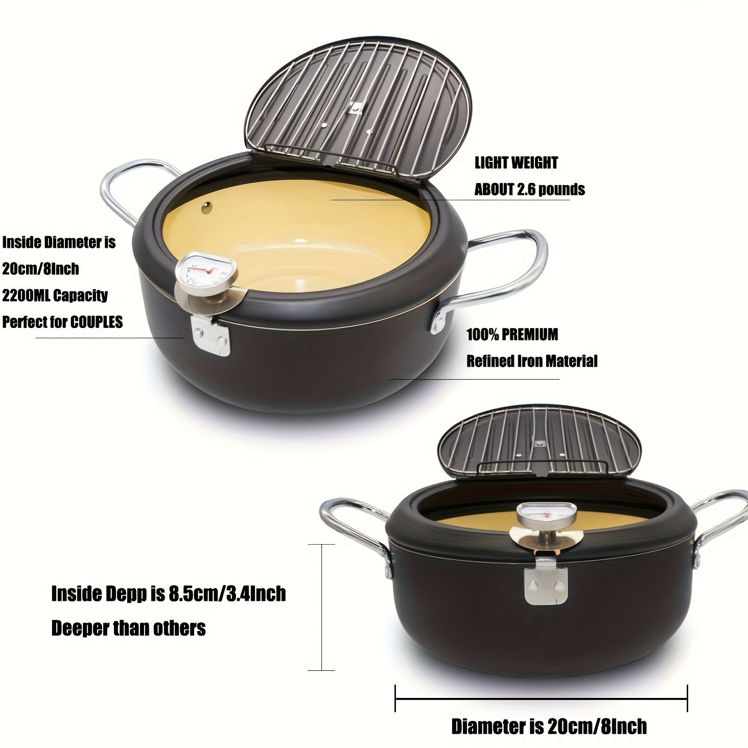 Deep Fryer Pot with Thermometer 2.3L or 3.5L Nonstick Coating for Tempura Fish Chicken