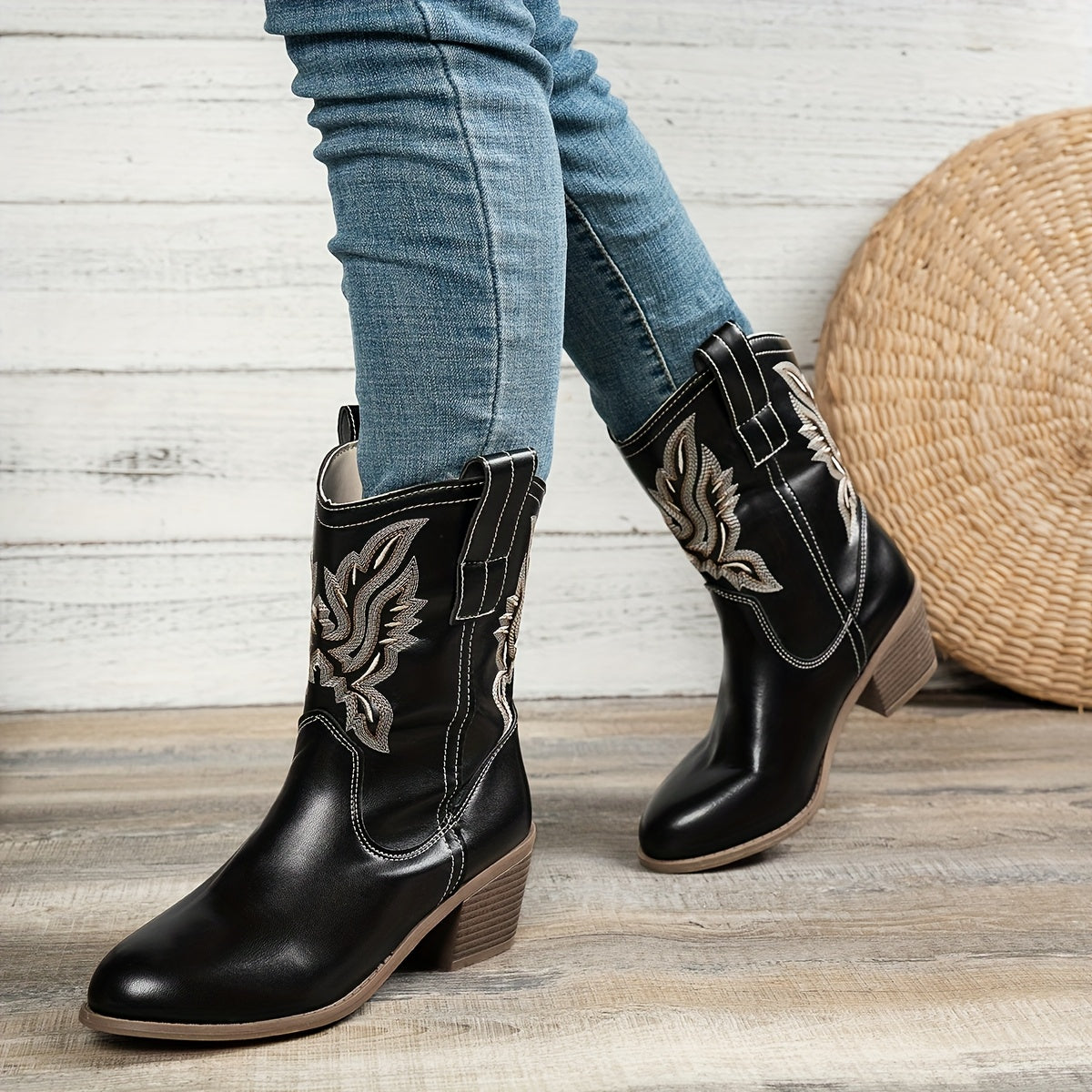 Women's Floral Ankle Boots Slip-On Mid-Heel Casual Faux Leather All-Season