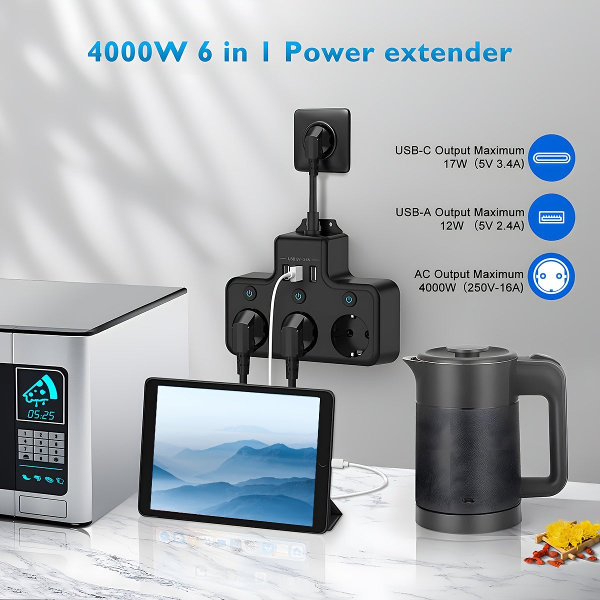 Regleta de pared con USB-C y puertos USB duales para espacio de oficina en casa