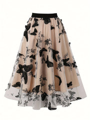 Women's Butterfly Print High Waist Pleated Skirt Spring Summer Elegant Polyester