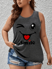 Plus Size Women's Cotton Tank Top Smile Graphic Sleeveless Shirt Summer Casual